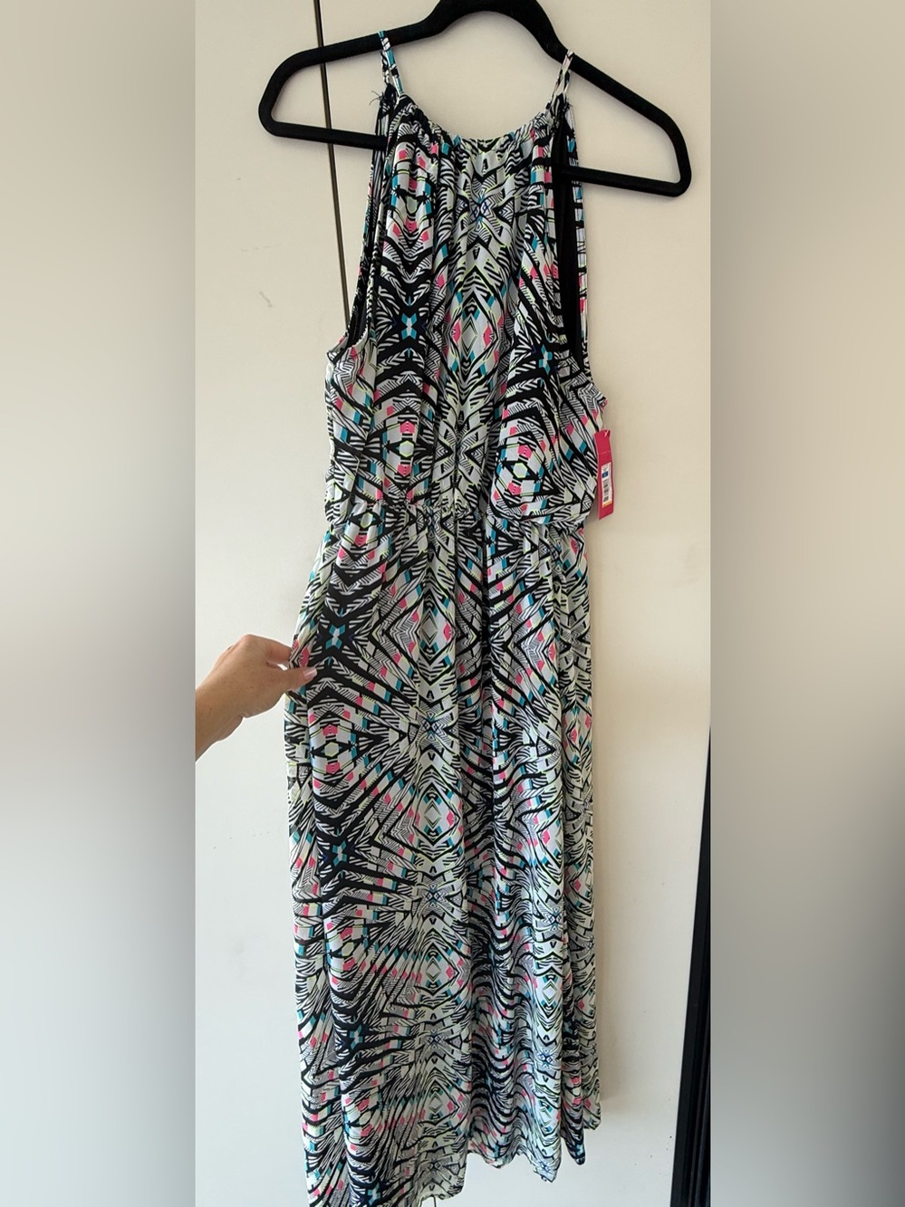 Geometric Print Maxi Dress in Black, White & Neon Pink/Yellow Accents